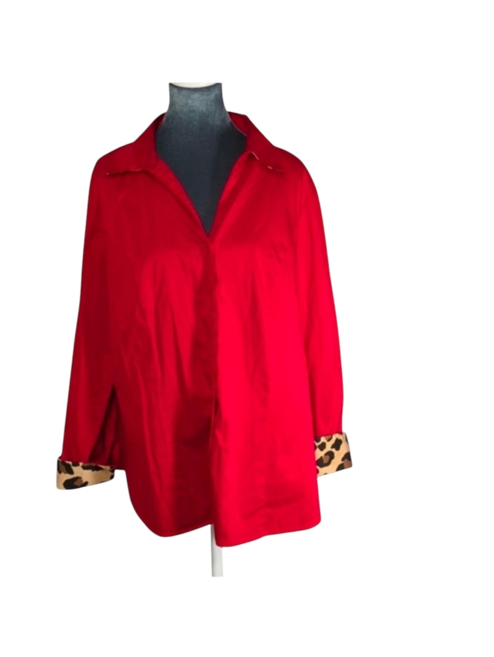 Lane Bryant Red Button Up Blouse with Leopard Print Accents Trim Size 20